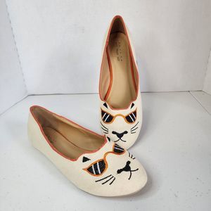 Cat Face Shoes Flats Womens 9.5 Kitten Embroidered Hot Polka Dot Cream Orange